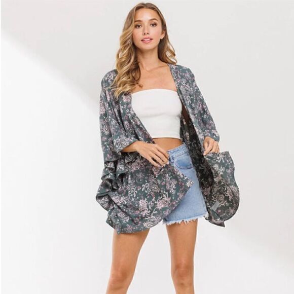 NEW! Beautiful Teal Paisley Floral Half Sleeve Kimono Duster Kaftan Bohemian - Picture 1 of 4